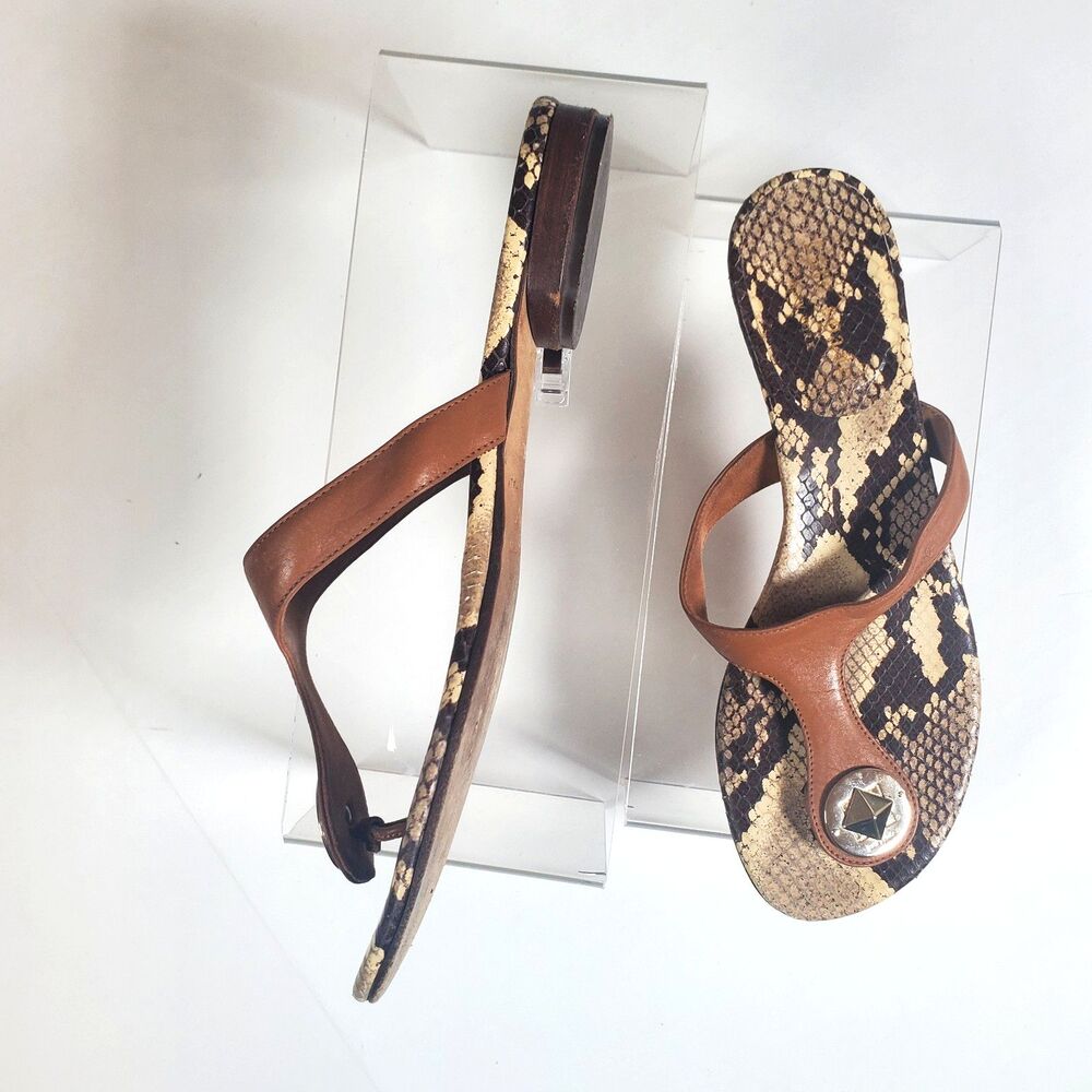 Kate Spade Women’s Sandals Size 6.5B Brown Thong Snake Print Footbed Gold Spade